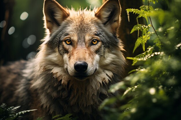 Foto lobo mamífero carnívoro de la familia de los canidos que obtiene su alimento de forma independiente buscando y persiguiendo activamente a su presa enojado bosque gris zoológico peligro vida silvestre miedo