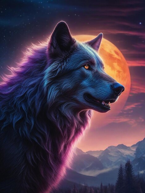 Foto un lobo en medio de la noche a la luz de la luna