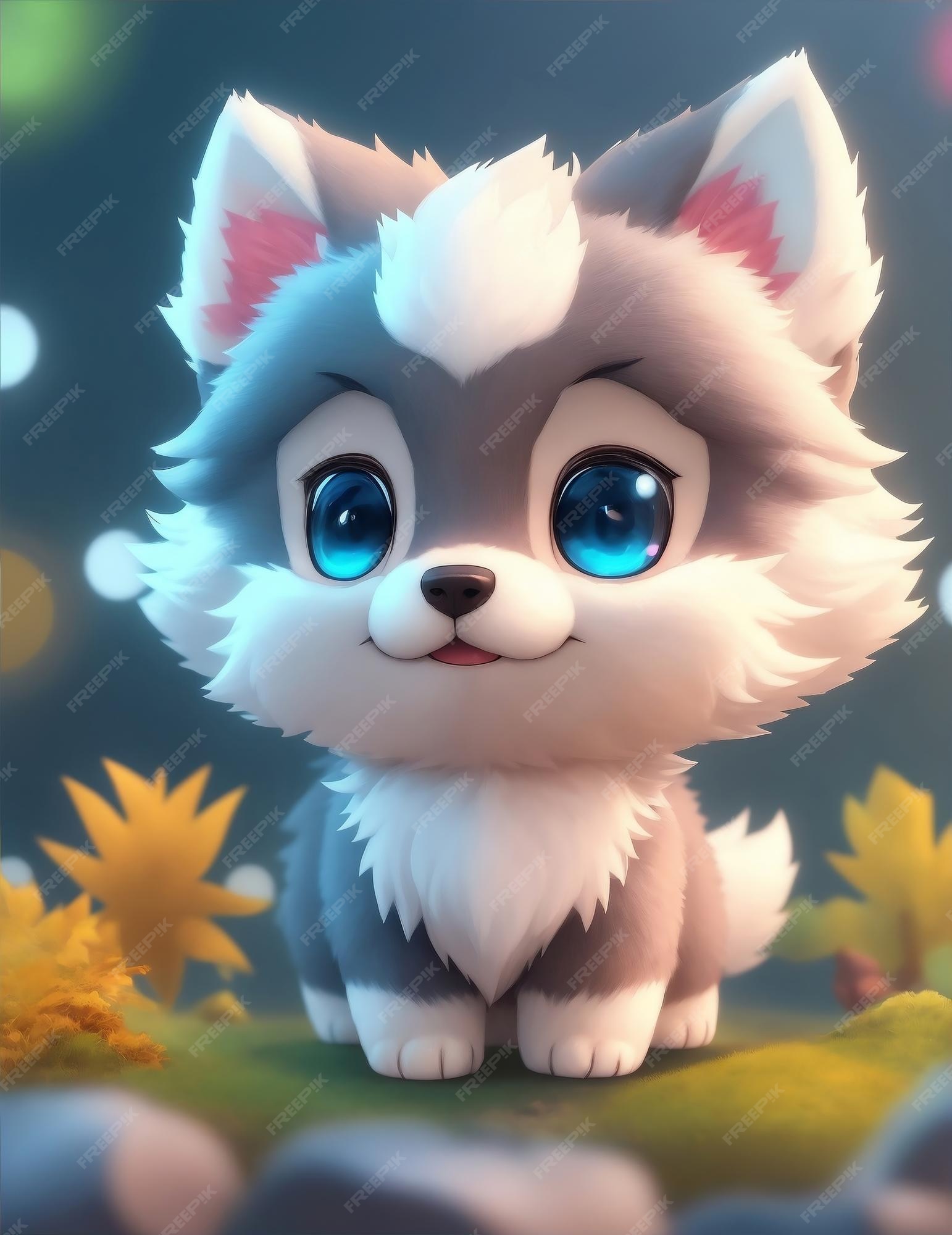 Lobo de anime minúsculo e fofo cachorro de anime minúsculo