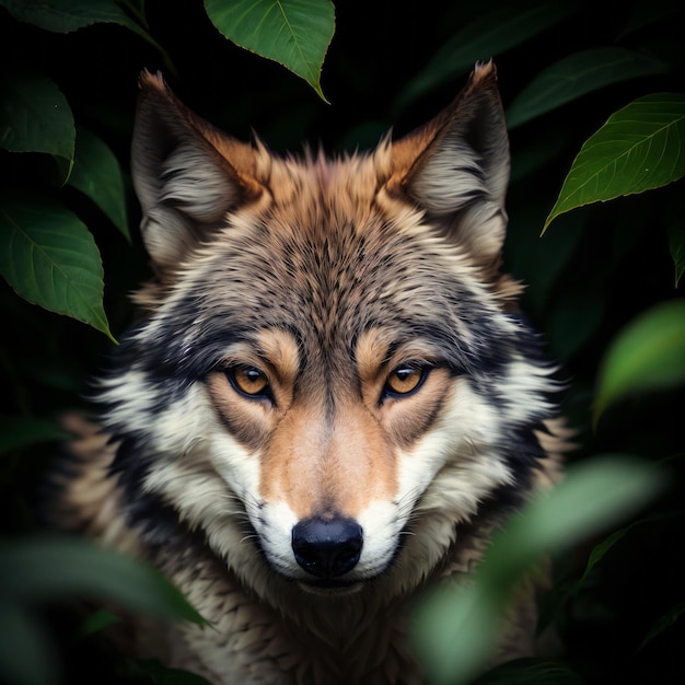 Un lobo mira a través del follaje de la jungla.