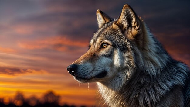 Foto el lobo mirando la puesta de sol con el cielo como telón de fondo