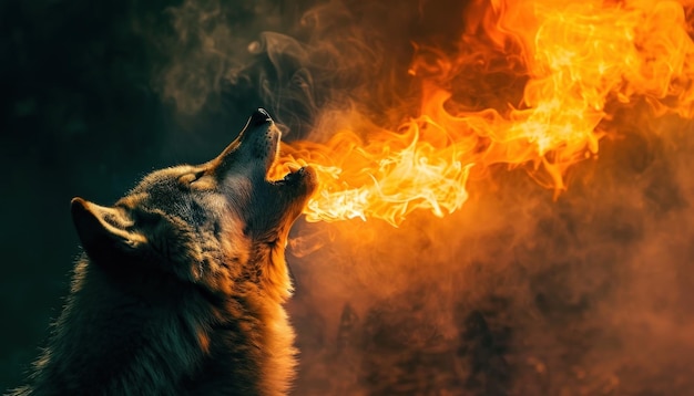 Foto lobo místico respirando fuego en un ambiente oscuro