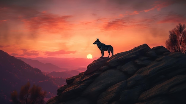 Un lobo en una montaña al atardecer.