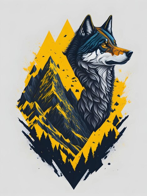 Lobo con montaña e ilustración de nieve colorida en fondo negro para el diseño de la camiseta