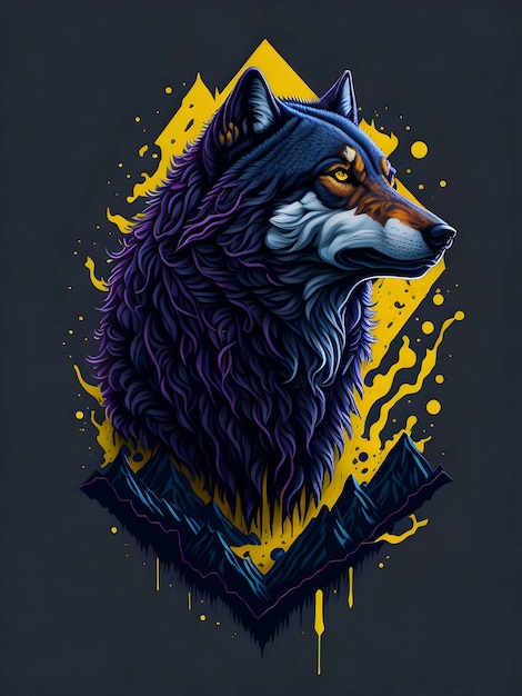 Lobo con montaña e ilustración de nieve colorida en fondo negro para el diseño de la camiseta