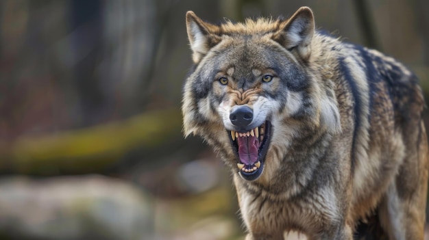 El lobo muestra los dientes en agresión