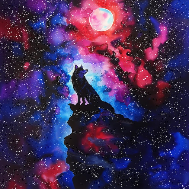 un lobo se muestra con la luna en el fondo