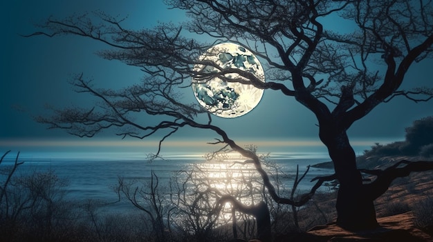 Lobo na floresta à noite com lua cheia generative ai