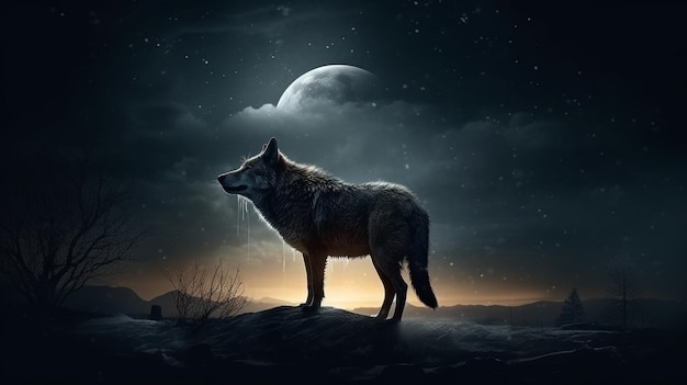 Lobo na floresta escura à noite Mixed mediagenerative ai