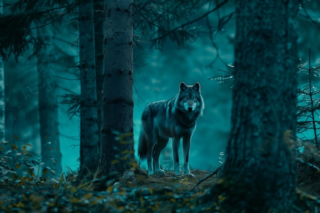 Foto lobo na floresta escura lobo na floresta à noite