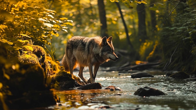 Foto lobo na floresta perto do rio foco seletivo