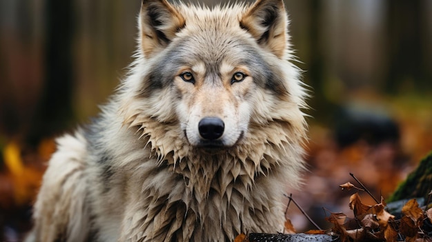 un lobo con una nariz negra y un lobo gris en el fondo.