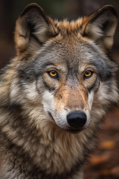 Un lobo con nariz negra y ojos amarillos.