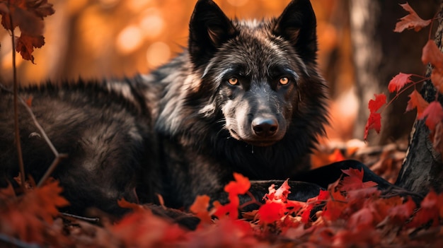 un lobo negro tendido en las hojas de un árbol