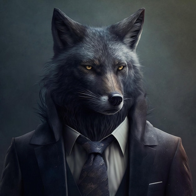 Un lobo negro con un traje de negocios negro.