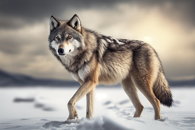 Un lobo en la nieve con un ai generativo de fondo claro