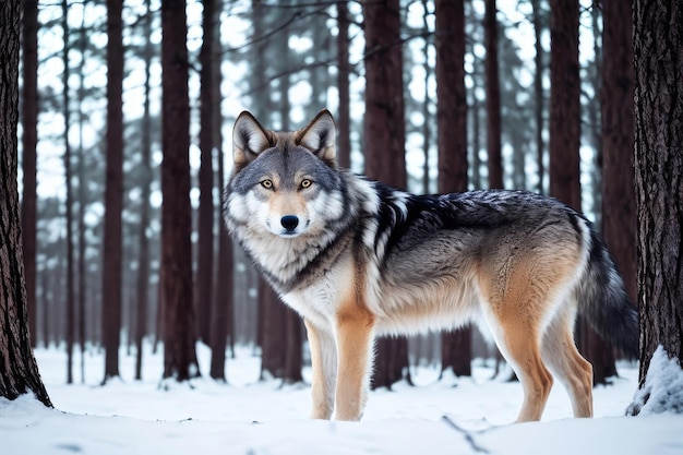 Un lobo en la nieve en el bosque.