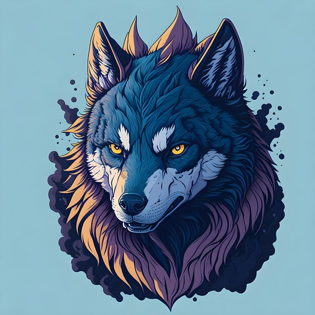 un lobo con ojos amarillos y un fondo azul