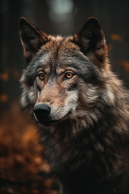 Un lobo con ojos amarillos y fondo negro.