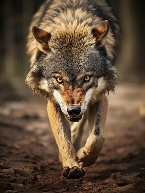 un lobo con ojos amarillos y pelaje marrón