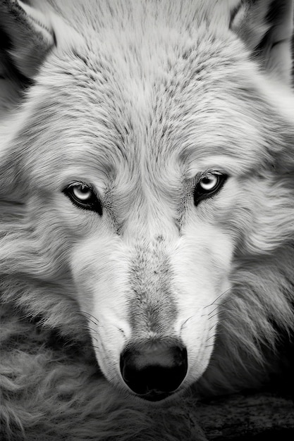 Un lobo con ojos azules está mirando a la cámara.