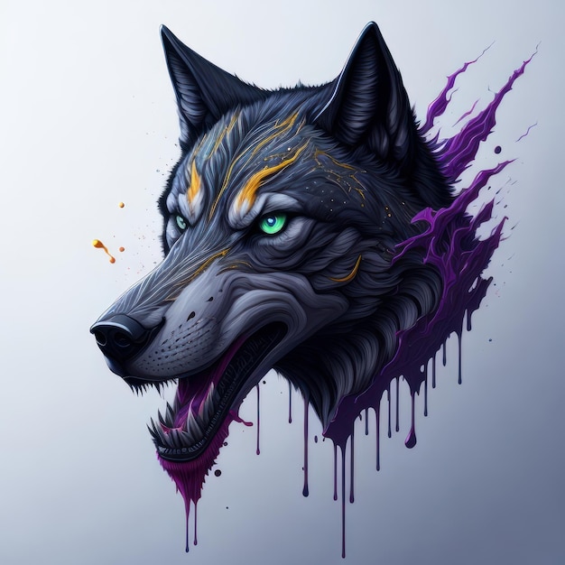 Un lobo con ojos azules y fondo morado.