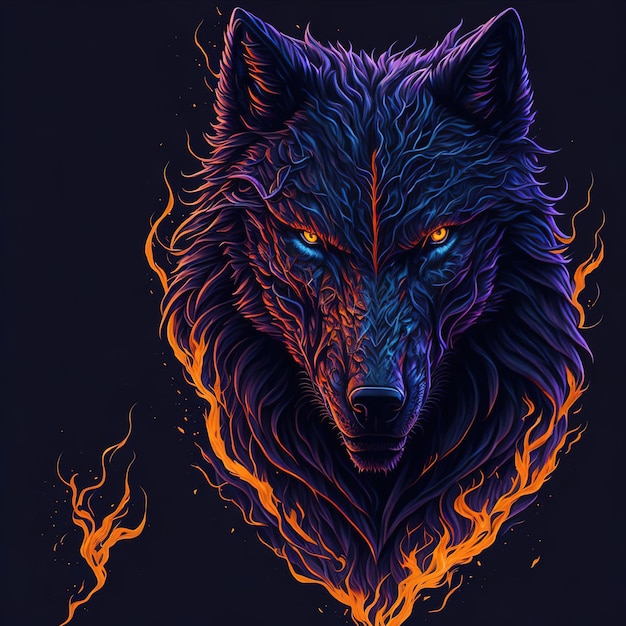 Un lobo de ojos azules y fuego en la cara.