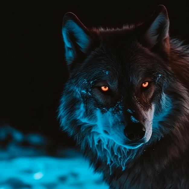 Foto un lobo con ojos azules en la oscuridad