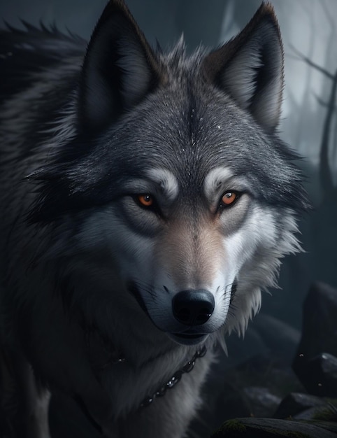 Un lobo con ojos naranjas y una etiqueta negra que dice lobo.