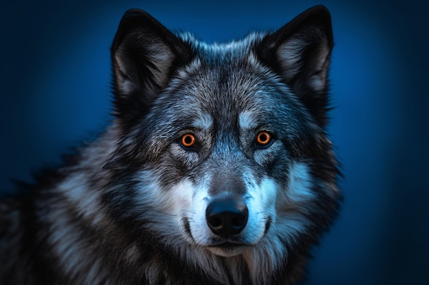 Un lobo con ojos naranjas y fondo azul.