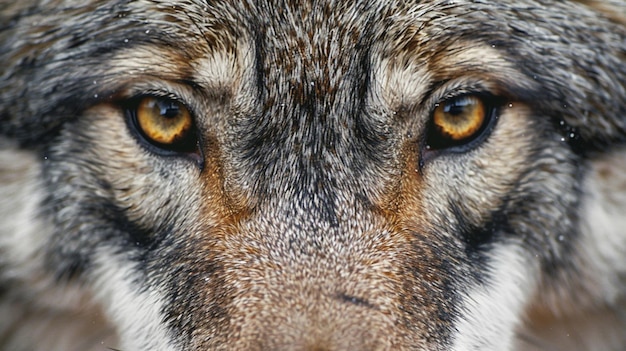 un lobo con ojos naranjas mirando a la cámara
