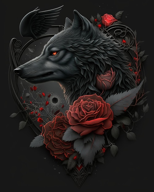 Un lobo con ojos rojos y fondo negro.