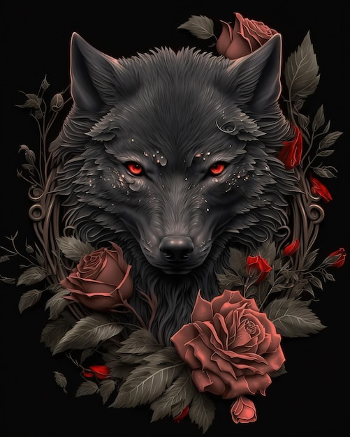 Un lobo con ojos rojos y fondo negro.