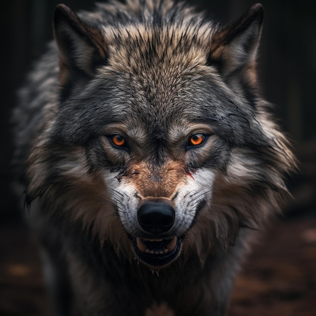 Un lobo con ojos rojos y un fondo negro