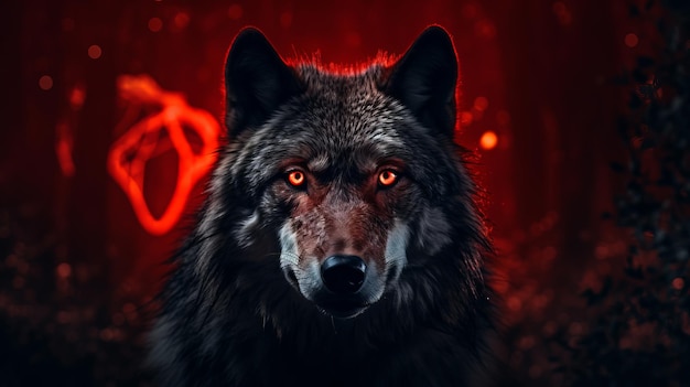 Foto un lobo con ojos rojos durante la luna llena