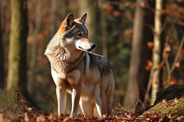 Un lobo parado en el bosque.