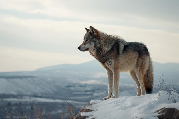 Lobo parado en una cornisa cubierta de nieve mirando el paisaje nevado