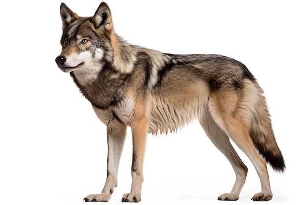 Un lobo parado frente a un fondo blanco.