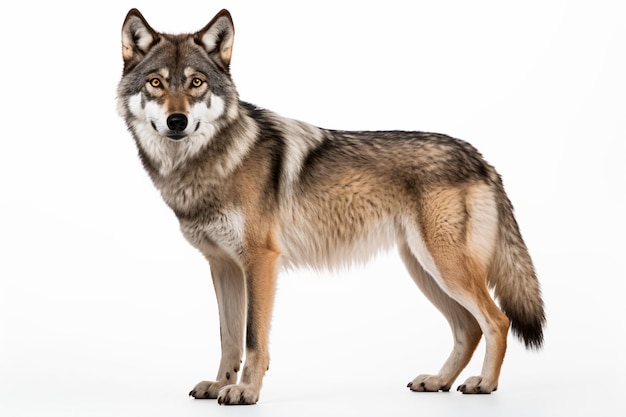 un lobo parado en la nieve mirando a la cámara