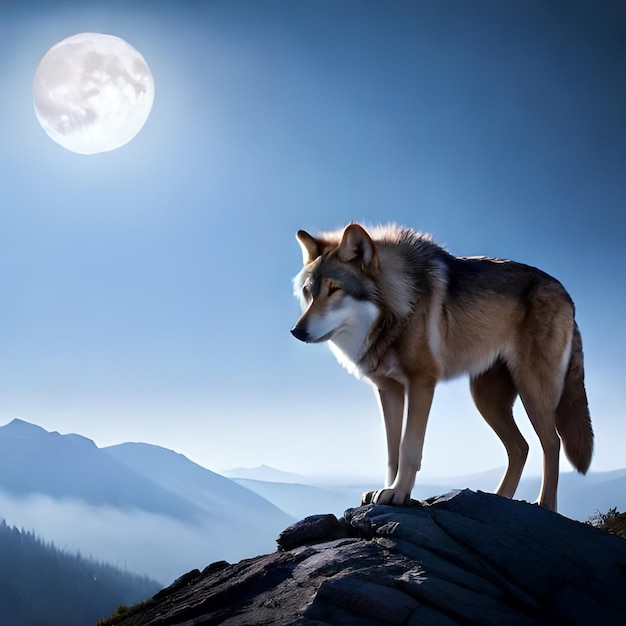 Un lobo parado sobre una roca con la luna al fondo.