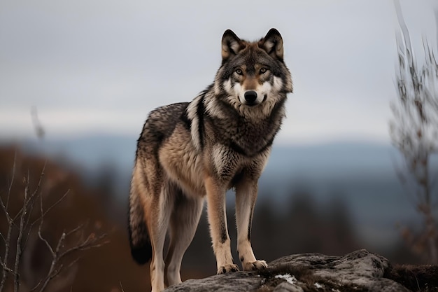 Un lobo parado sobre una roca con montañas al fondo