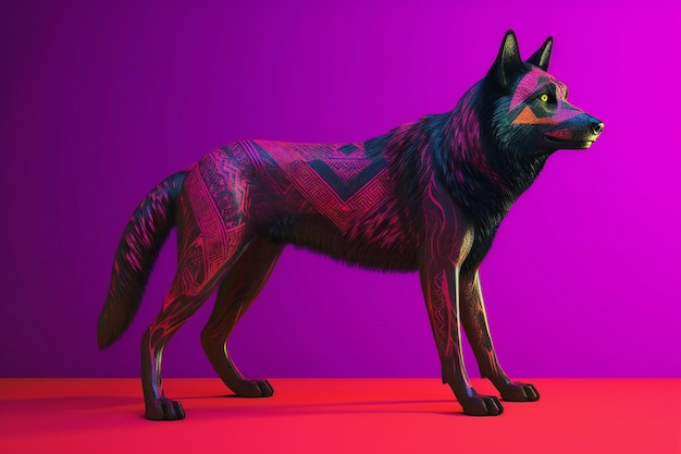 Un lobo con patrón tribal aislado sobre fondo púrpura