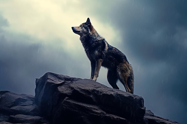 Un lobo de pie en el borde de un acantilado