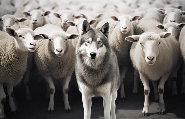 Un lobo de pie en medio de una manada de ovejas que simboliza la astucia