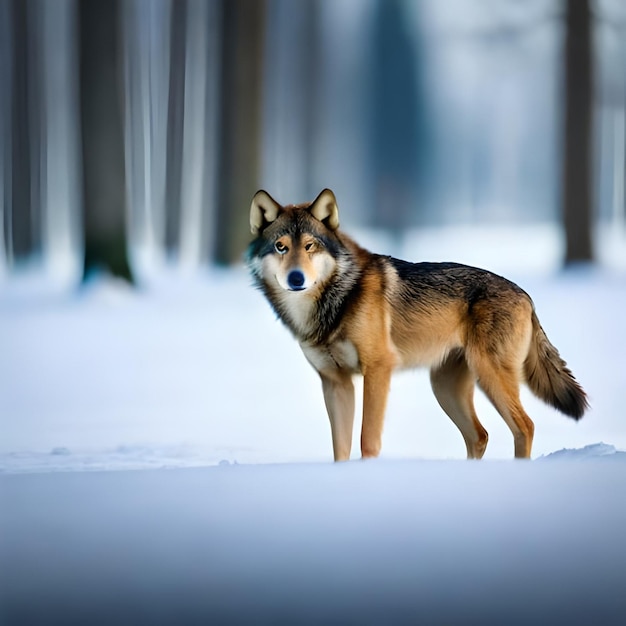 Un lobo de pie en la nieve con la palabra lobo en él