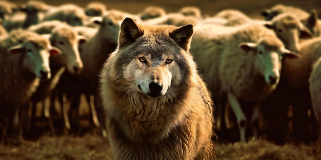 Lobo en rebaño de ovejas