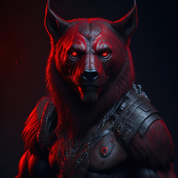 Un lobo rojo con fondo negro y cara roja.