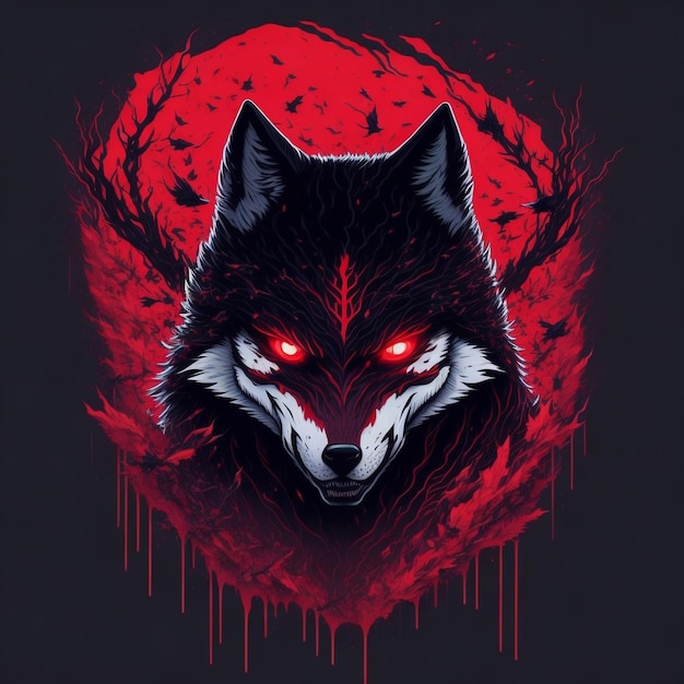 Un lobo rojo con ojos brillantes está sobre un fondo negro.