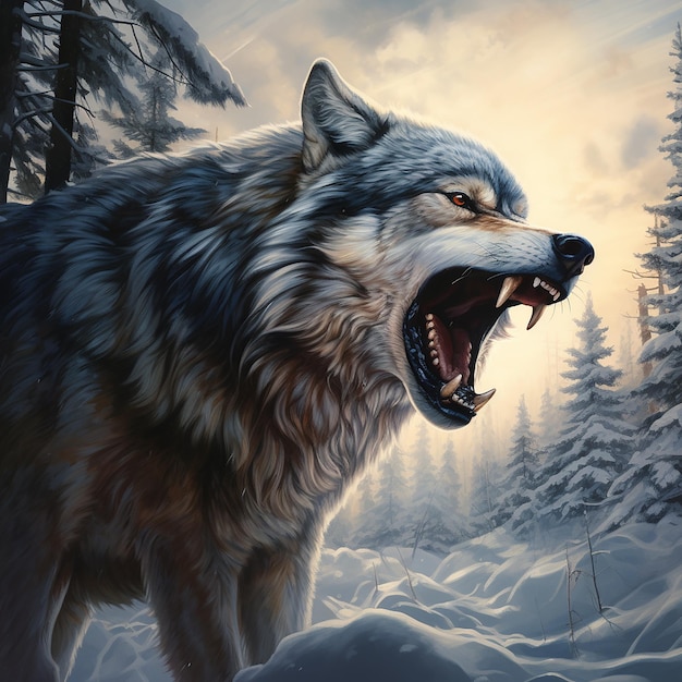 Foto un lobo rugiendo en el fondo del invierno