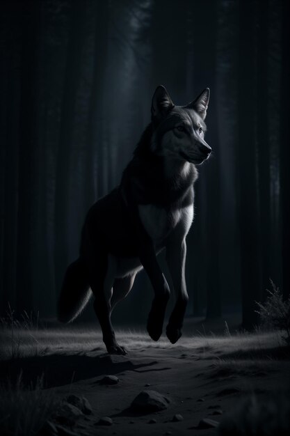 Lobo saltando en un bosque por la noche